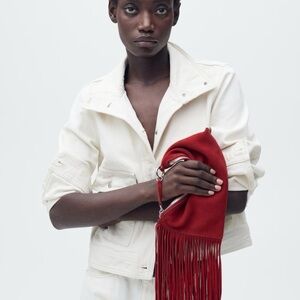 MANGO LEATHER HANDBAG WITH FRINGES - red